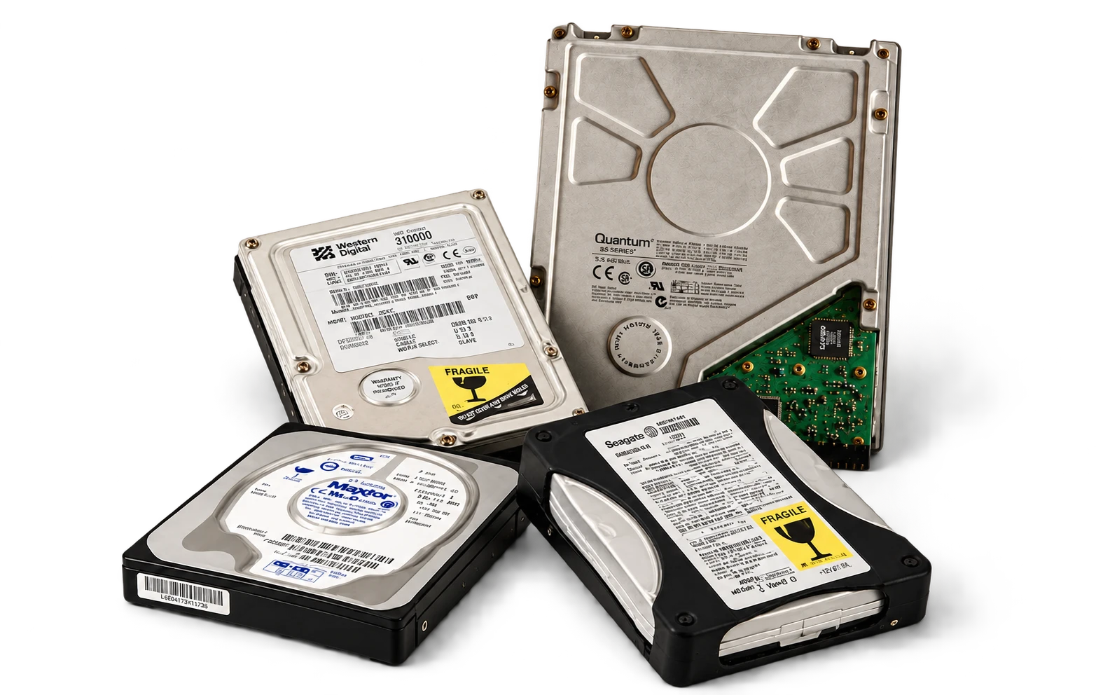 Cztery stare dyski twarde: Western Digital, Quantum, Maxtor i Seagate