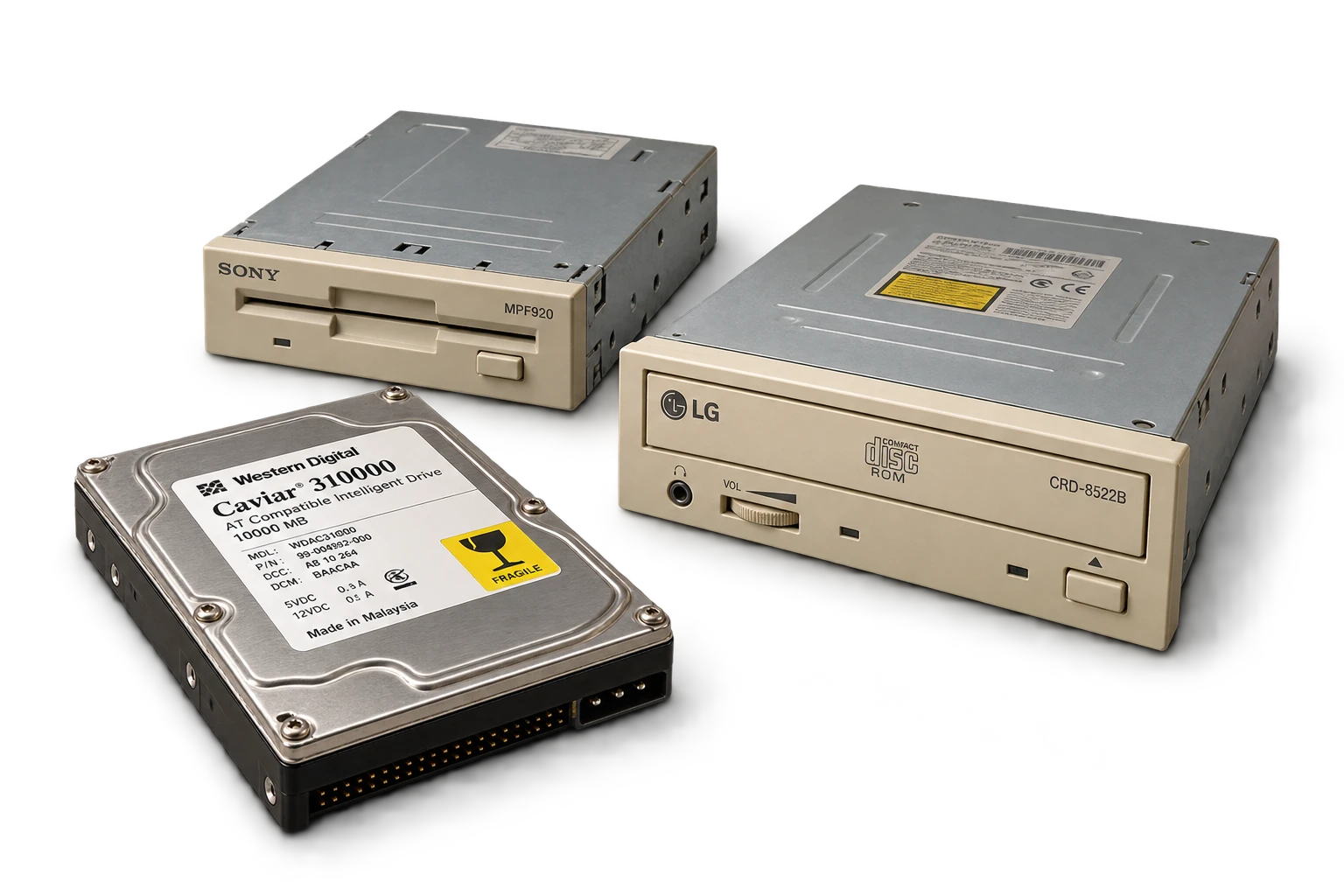Dysk twardy Western Digital, stacja dyskietek Sony i napęd CD-ROM LG