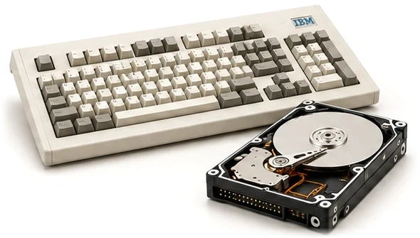 Beżowa klawiatura IBM i otwarty dysk twardy