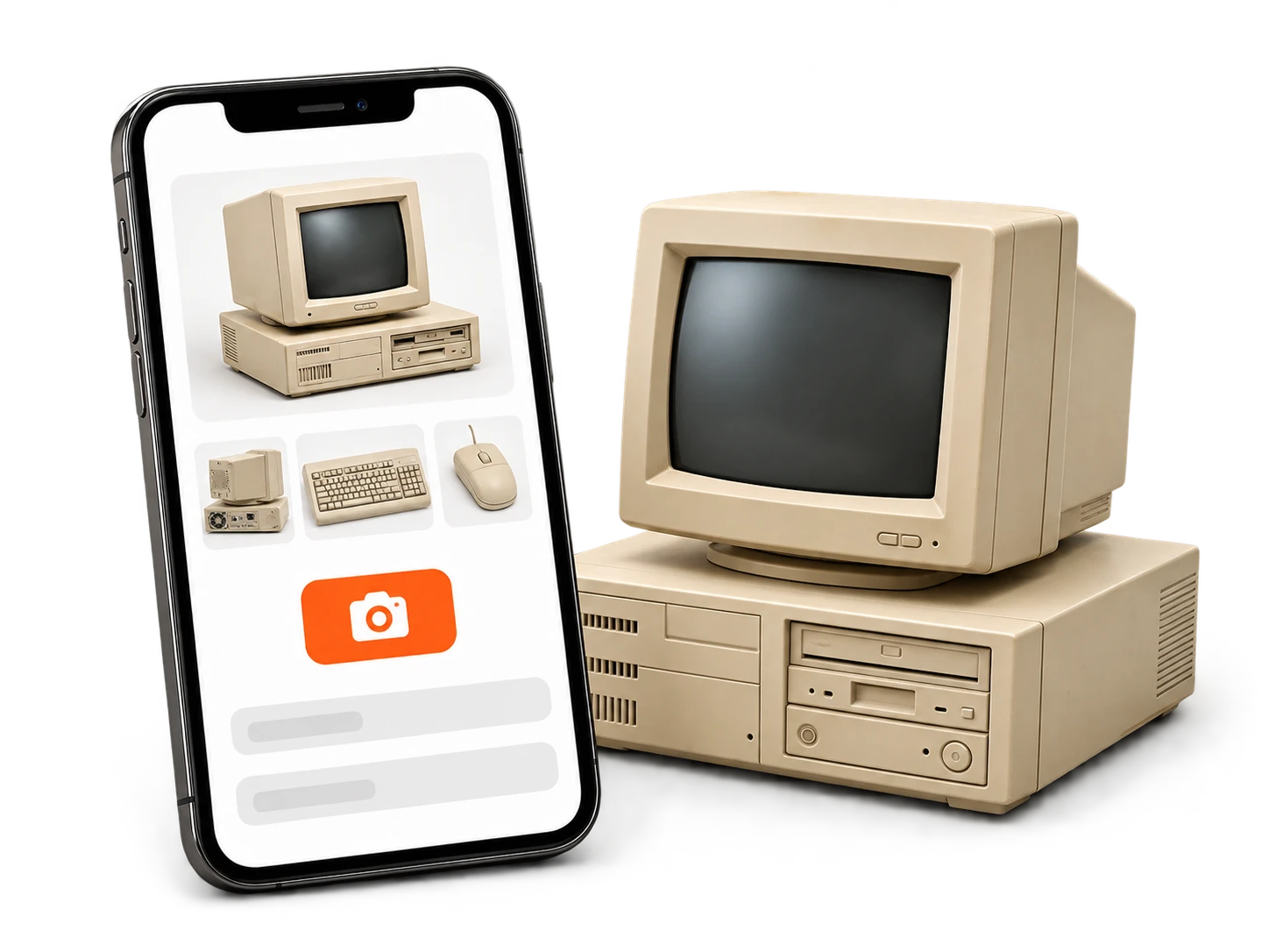 Telefon ze zdjęciami starego komputera i przyciskiem aparatu, obok ten sam komputer z monitorem