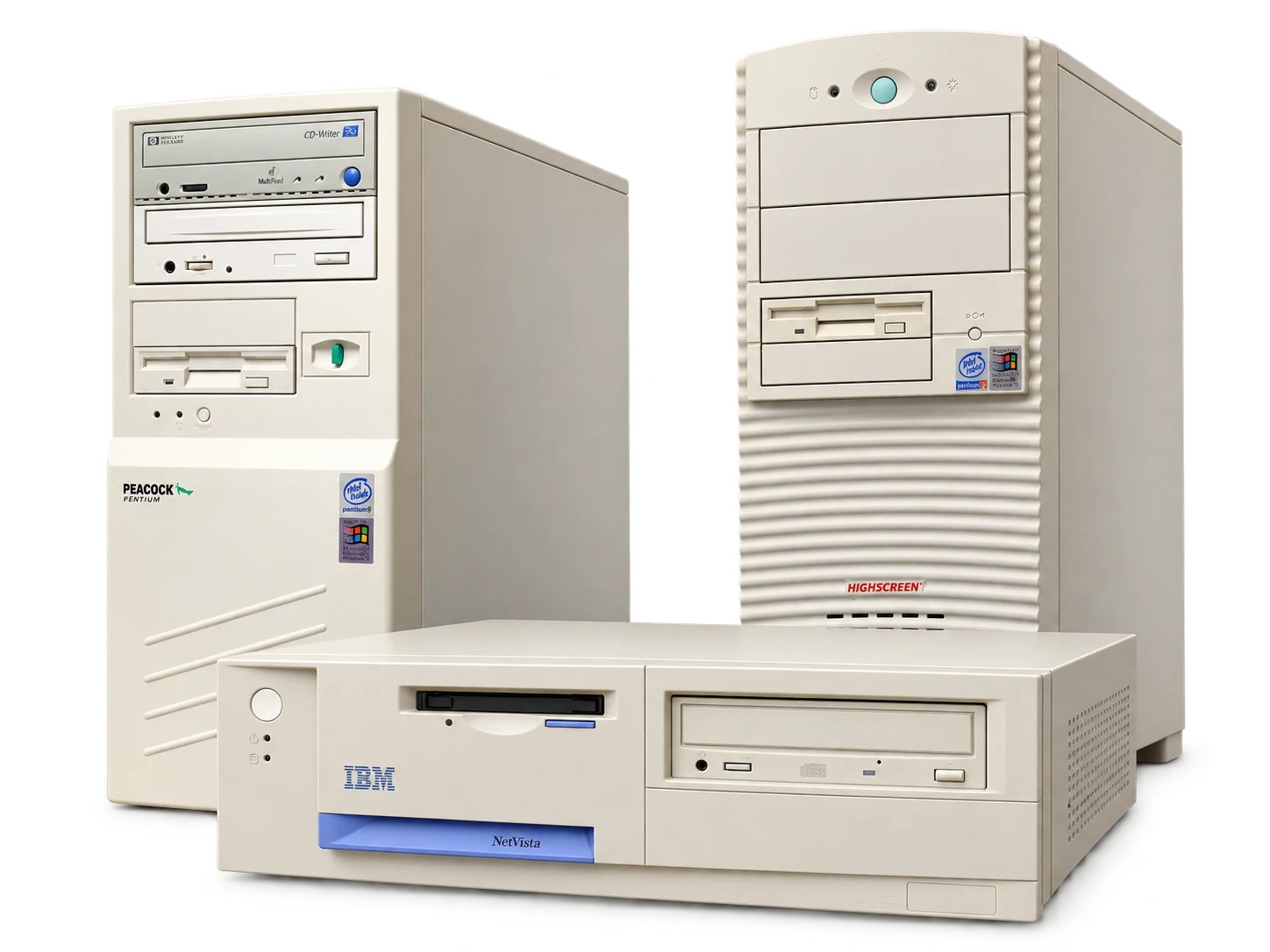 Dwie beżowe obudowy typu tower i komputer IBM NetVista